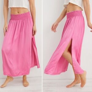 Aerie NWT‎ Smocked Waist Shine Midi Skirt Bright Pink Slit Flowy Size S